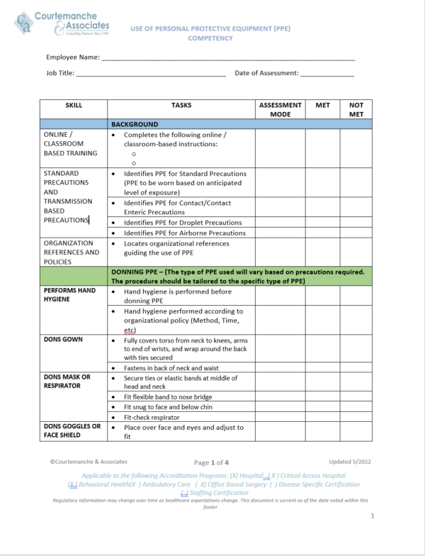 Donning-Doffing PPE Competency Checklist Assesment Tool | C&A