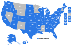 Map of United States with states serviced colored in blue.